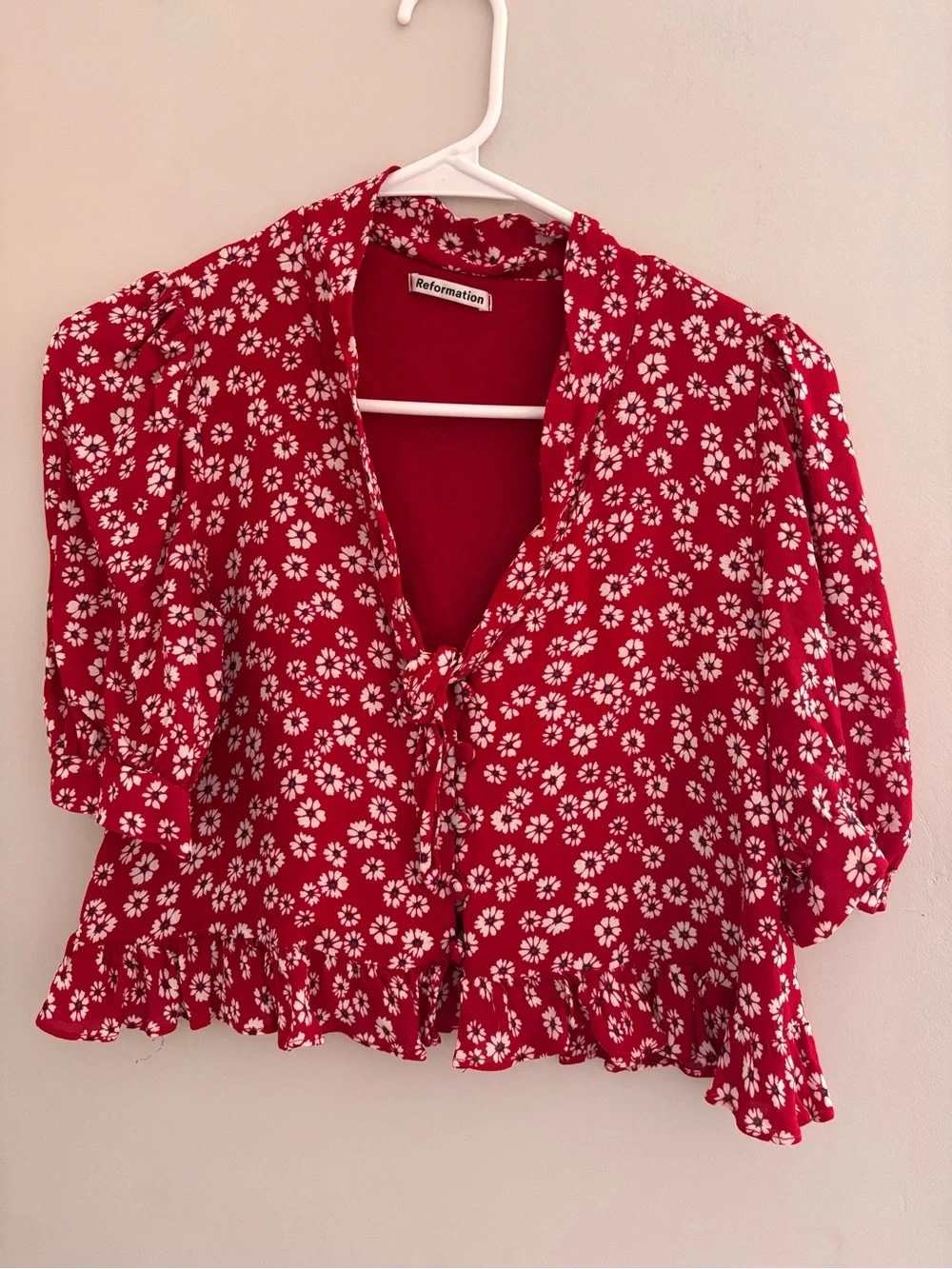 Reformation Red Floral Tie-Front Puff Sleeve Blouse